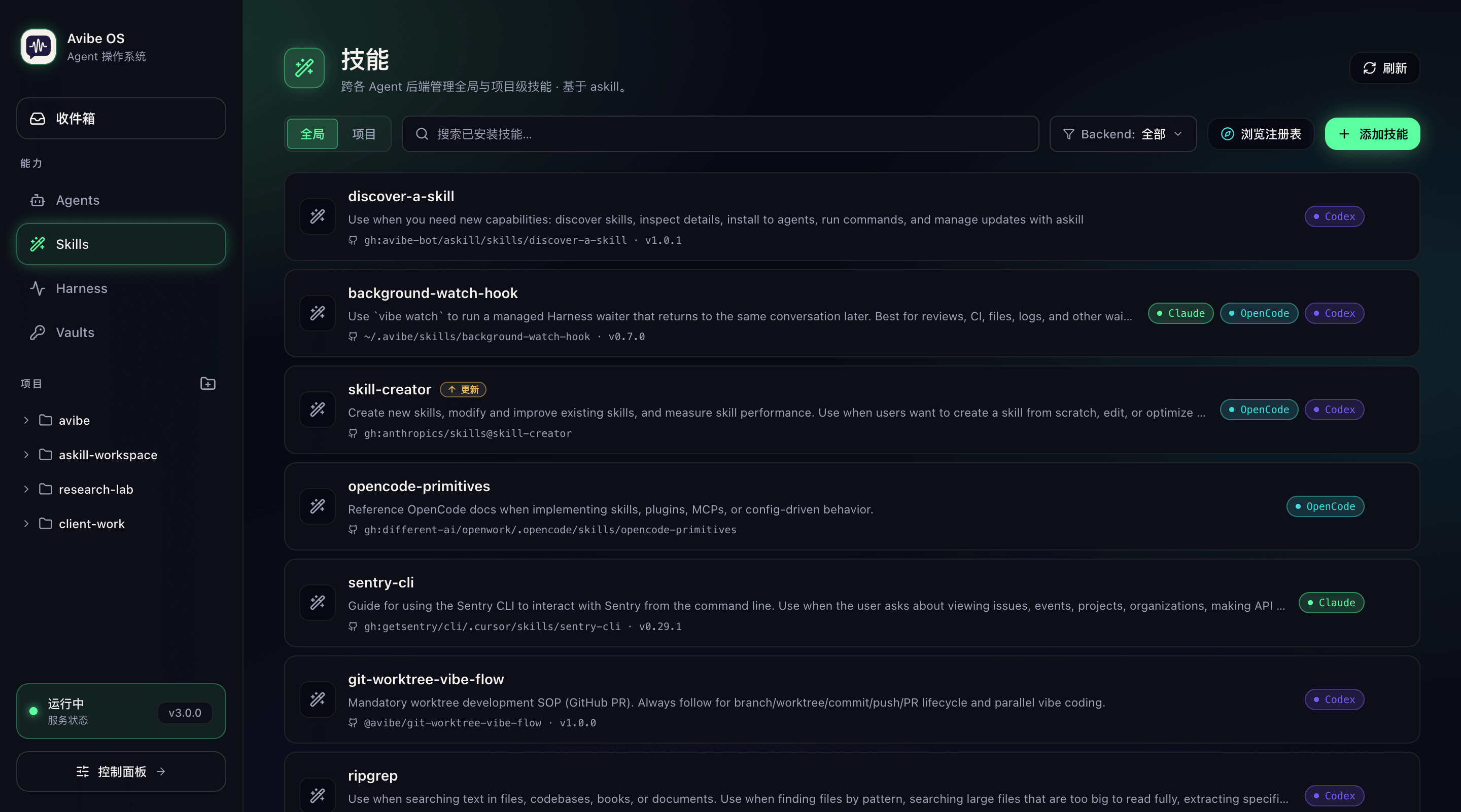 一套技能，所有 agent 通用